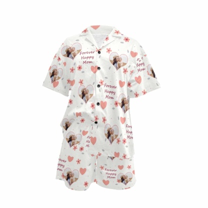 FacePajamas Pajama [Special Sale] Custom Photo Pajamas Forever Happy MOM Sleepwear Personalized Women's V-Neck Short Pajama Set Mother's Day & Birthday Gift