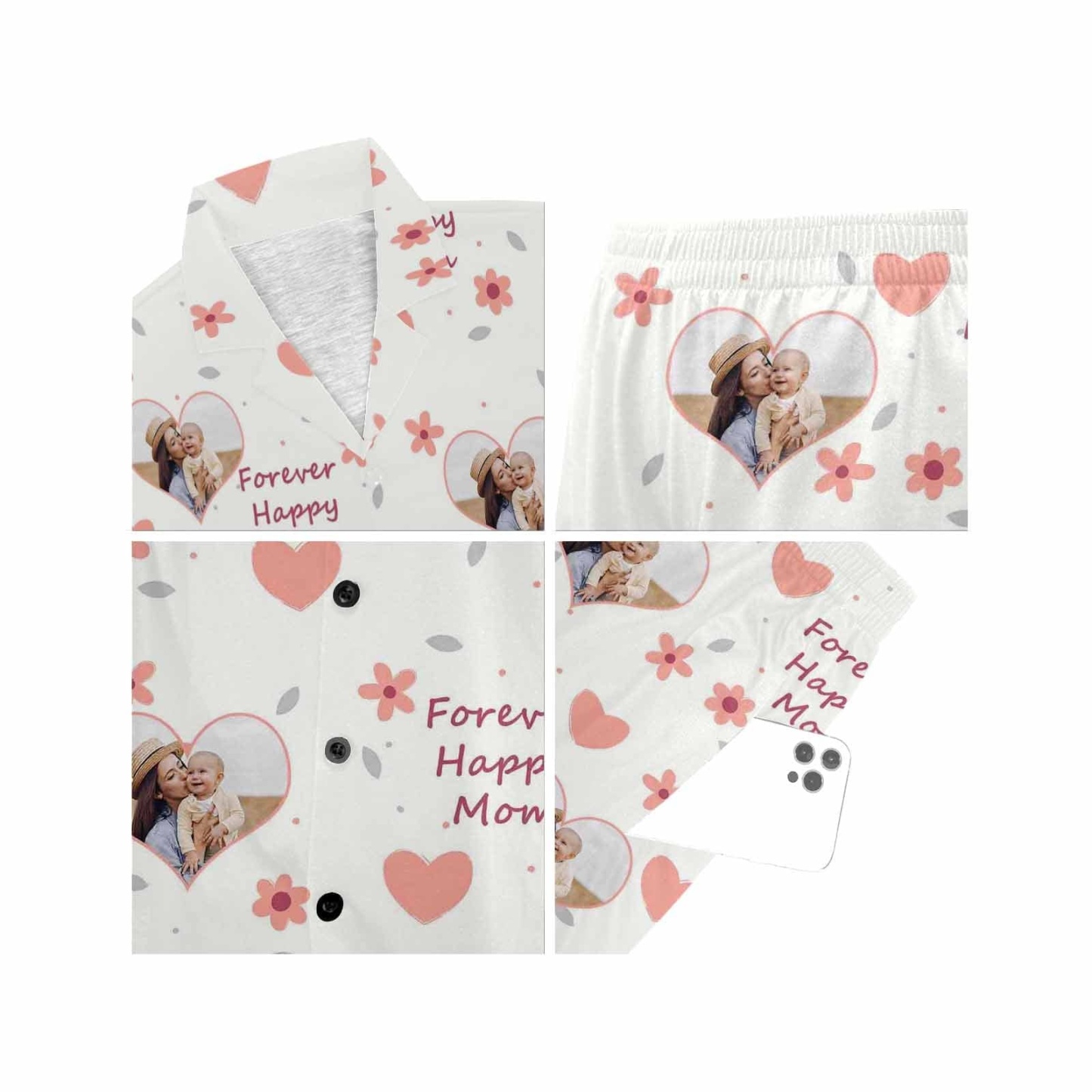 FacePajamas Pajama [Special Sale] Custom Photo Pajamas Forever Happy MOM Sleepwear Personalized Women's V-Neck Short Pajama Set Mother's Day & Birthday Gift