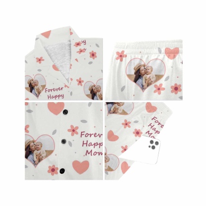 FacePajamas Pajama [Special Sale] Custom Photo Pajamas Forever Happy MOM Sleepwear Personalized Women's V-Neck Short Pajama Set Mother's Day & Birthday Gift