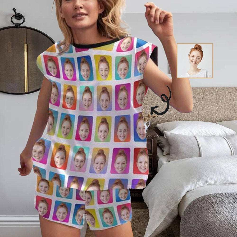 FacePajamas Pajama Style 1 / S Custom Face Pajamas Colorful Lattice Sleepwear For Her Personalized Women's Short Pajama Set