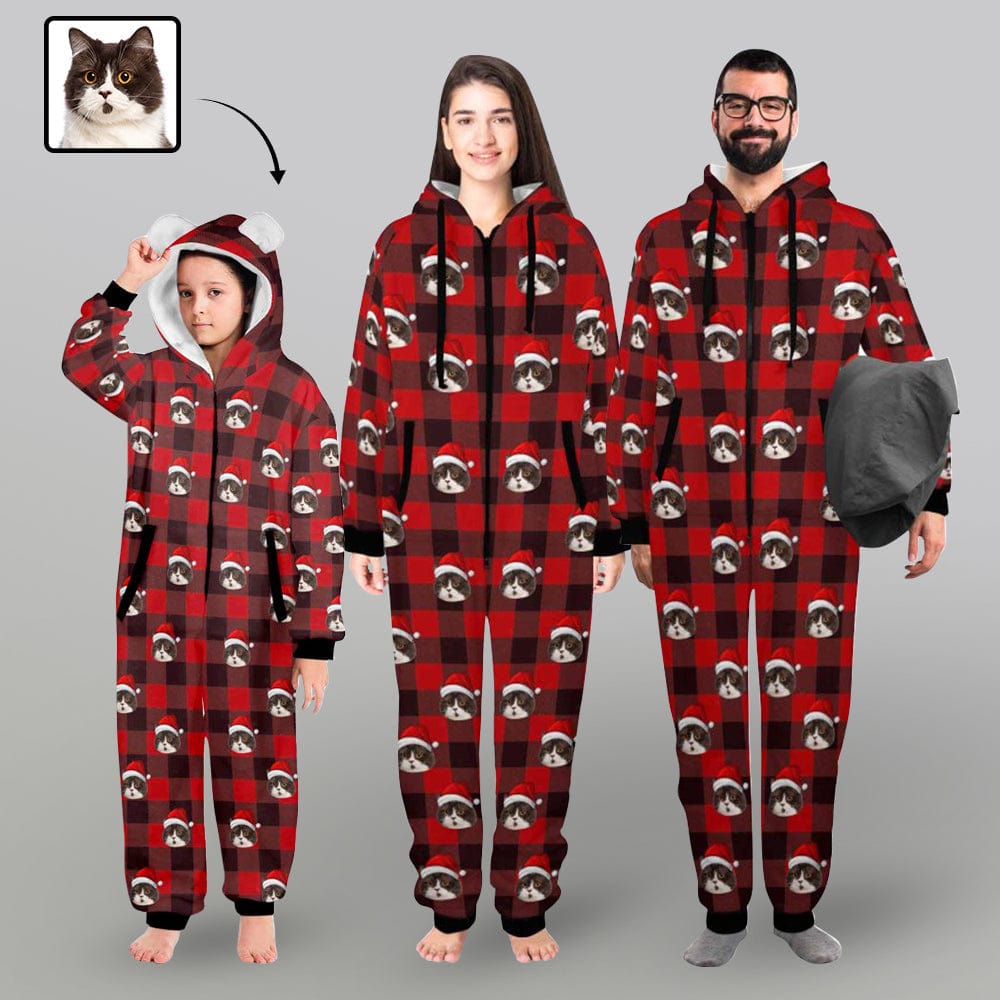 FacePajamas Pajama Adult Onesie [Thick Soft Fabric] Funny Flannel Fleece Adult Onesie Pajamas Custom Face Christmas Red and Black Plaid Jumpsuit Homewear