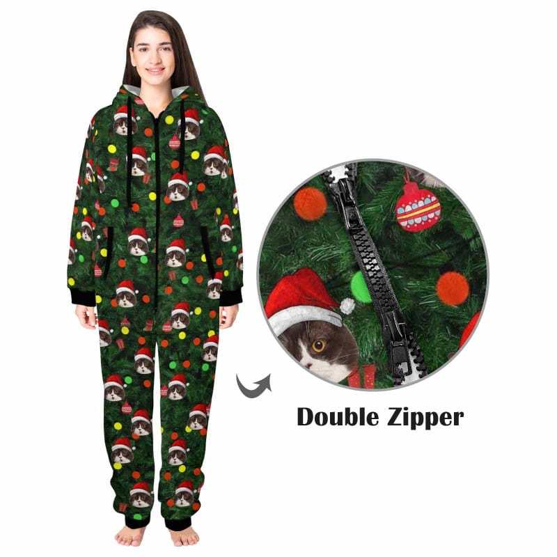 FacePajamas Pajama Adult Onesie [Thick Soft Fabric] Funny Flannel Fleece Adult Onesie Pajamas Custom Face Christmas Tree Lights Printed Jumpsuit Homewear