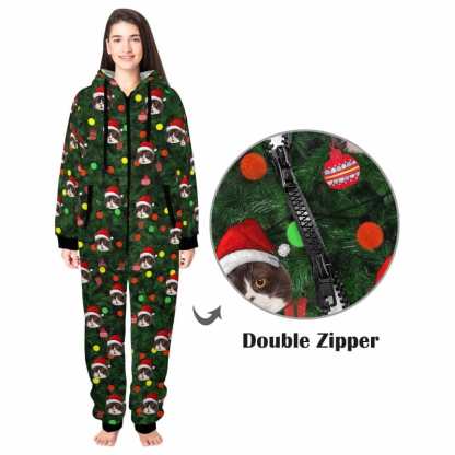 FacePajamas Pajama Adult Onesie [Thick Soft Fabric] Funny Flannel Fleece Adult Onesie Pajamas Custom Face Christmas Tree Lights Printed Jumpsuit Homewear