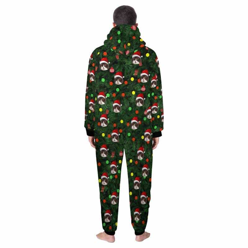 FacePajamas Pajama Adult Onesie [Thick Soft Fabric] Funny Flannel Fleece Adult Onesie Pajamas Custom Face Christmas Tree Lights Printed Jumpsuit Homewear