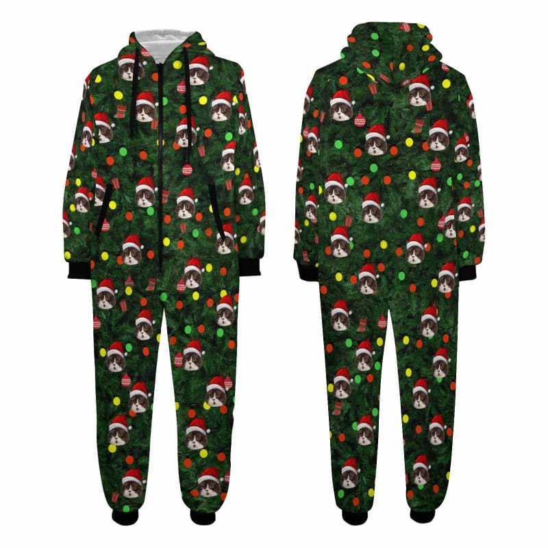 FacePajamas Pajama Adult Onesie [Thick Soft Fabric] Funny Flannel Fleece Adult Onesie Pajamas Custom Face Christmas Tree Lights Printed Jumpsuit Homewear