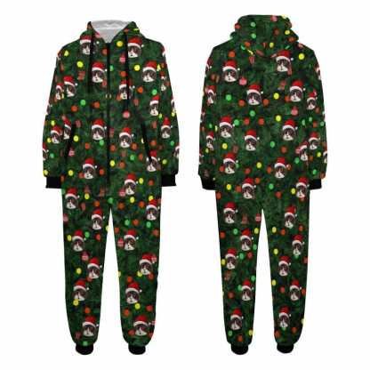 FacePajamas Pajama Adult Onesie [Thick Soft Fabric] Funny Flannel Fleece Adult Onesie Pajamas Custom Face Christmas Tree Lights Printed Jumpsuit Homewear