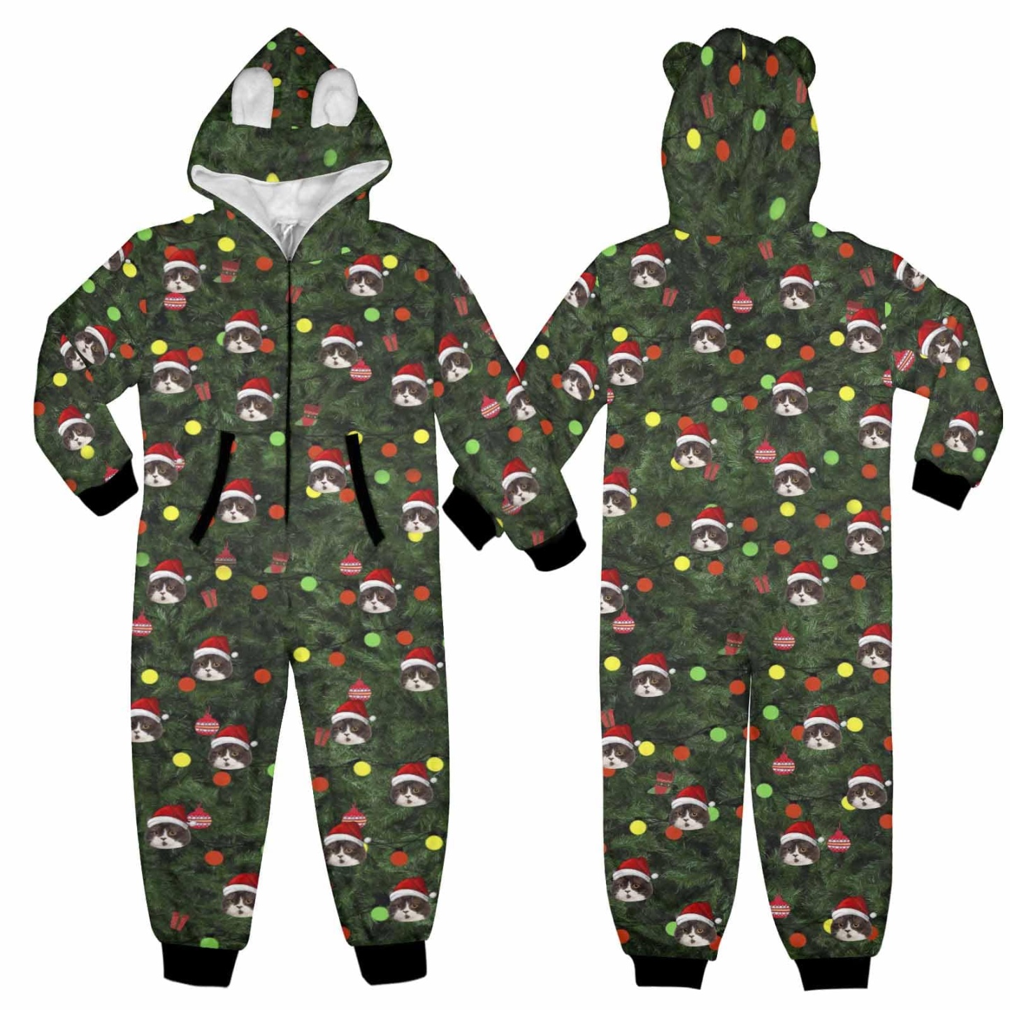 FacePajamas Pajama Adult Onesie [Thick Soft Fabric] Funny Flannel Fleece Adult Onesie Pajamas Custom Face Christmas Tree Lights Printed Jumpsuit Homewear