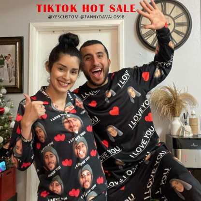 FacePajamas Pajama [TikTok Hot Selling] Custom Face Black Couple Matching Pajamas I Love You Sleepwear Sets Funny Long Sleeve Nightwear