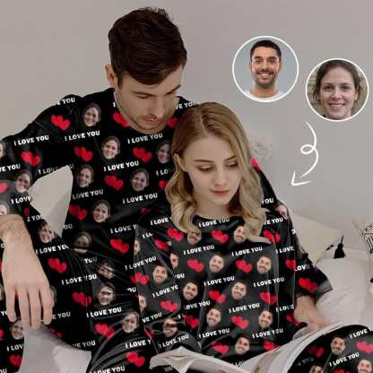 FacePajamas Pajama [TikTok Hot Selling] Custom Face Black Couple Matching Pajamas I Love You Sleepwear Sets Funny Long Sleeve Nightwear