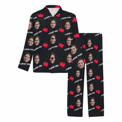 FacePajamas Pajama Custom Face I Love You Black Background Sleepwear Personalized Women's Long Pajama Set