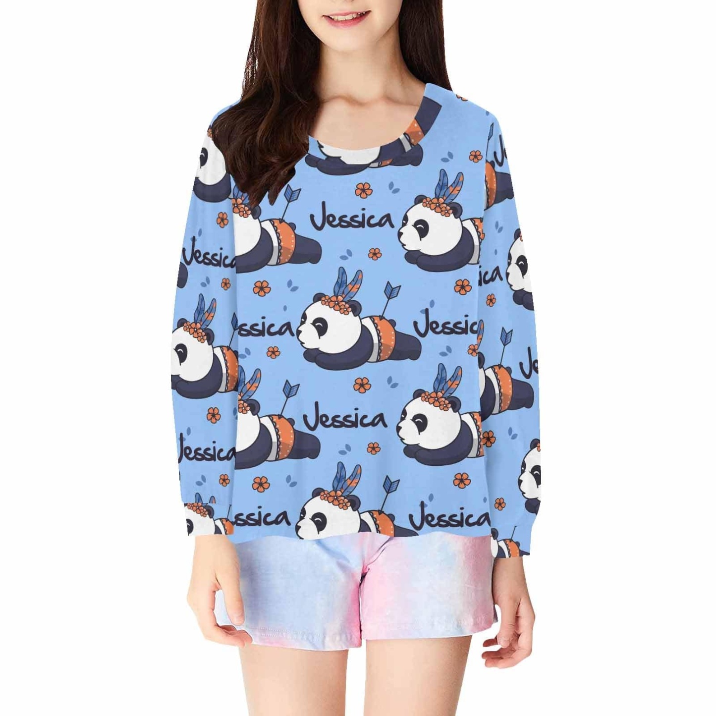 FacePajamas Pajama Shirt&Pants Tops / XS Custom Name Kids' All Over Print Pajama Top & Trousers Blue Design Personalized Long Pajama Set