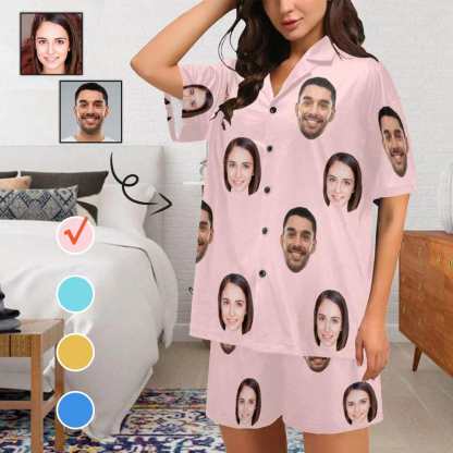 FacePajamas Pajama [Up To 4 Faces] Custom Face Pajama Set Solid Color Loungewear Personalized Photo Sleepwear Women's V-Neck Short Pajama Set