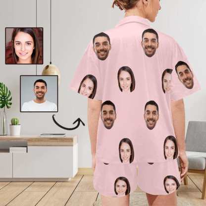 FacePajamas Pajama #Plus Size Pajama Set-[Up To 4 Faces] Custom Face Solid Color Loungewear Personalized Photo Sleepwear Women's V-Neck Short Pajama Set