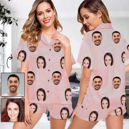 FacePajamas Pajama #Plus Size Pajama Set-[Up To 4 Faces] Custom Face Solid Color Loungewear Personalized Photo Sleepwear Women's V-Neck Short Pajama Set