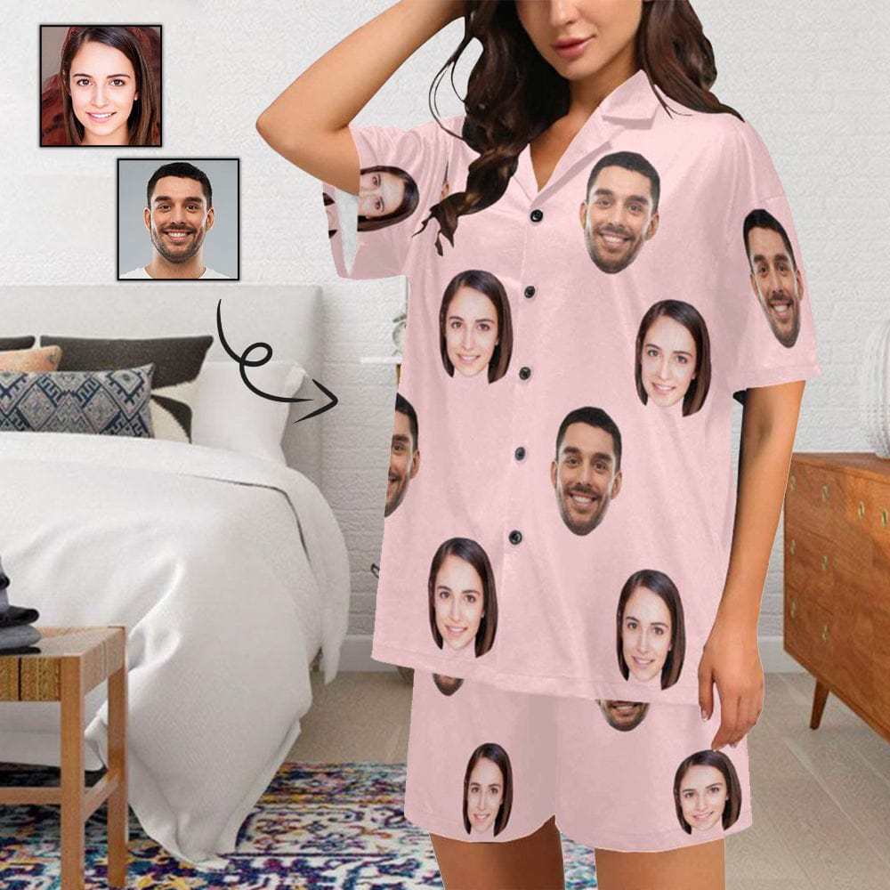 FacePajamas Pajama #Plus Size Pajama Set-[Up To 4 Faces] Custom Face Solid Color Loungewear Personalized Photo Sleepwear Women's V-Neck Short Pajama Set