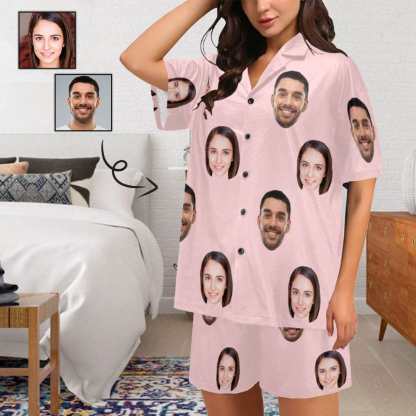 FacePajamas Pajama #Plus Size Pajama Set-[Up To 4 Faces] Custom Face Solid Color Loungewear Personalized Photo Sleepwear Women's V-Neck Short Pajama Set