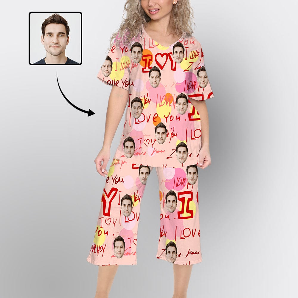 FacePajamas Womens Short Crew Neck-SDS V Neck / M Custom Face Love You Pajama Sets Short Sleeve Knee Length Pants Personalized Women's Short Sleeve Loungewear