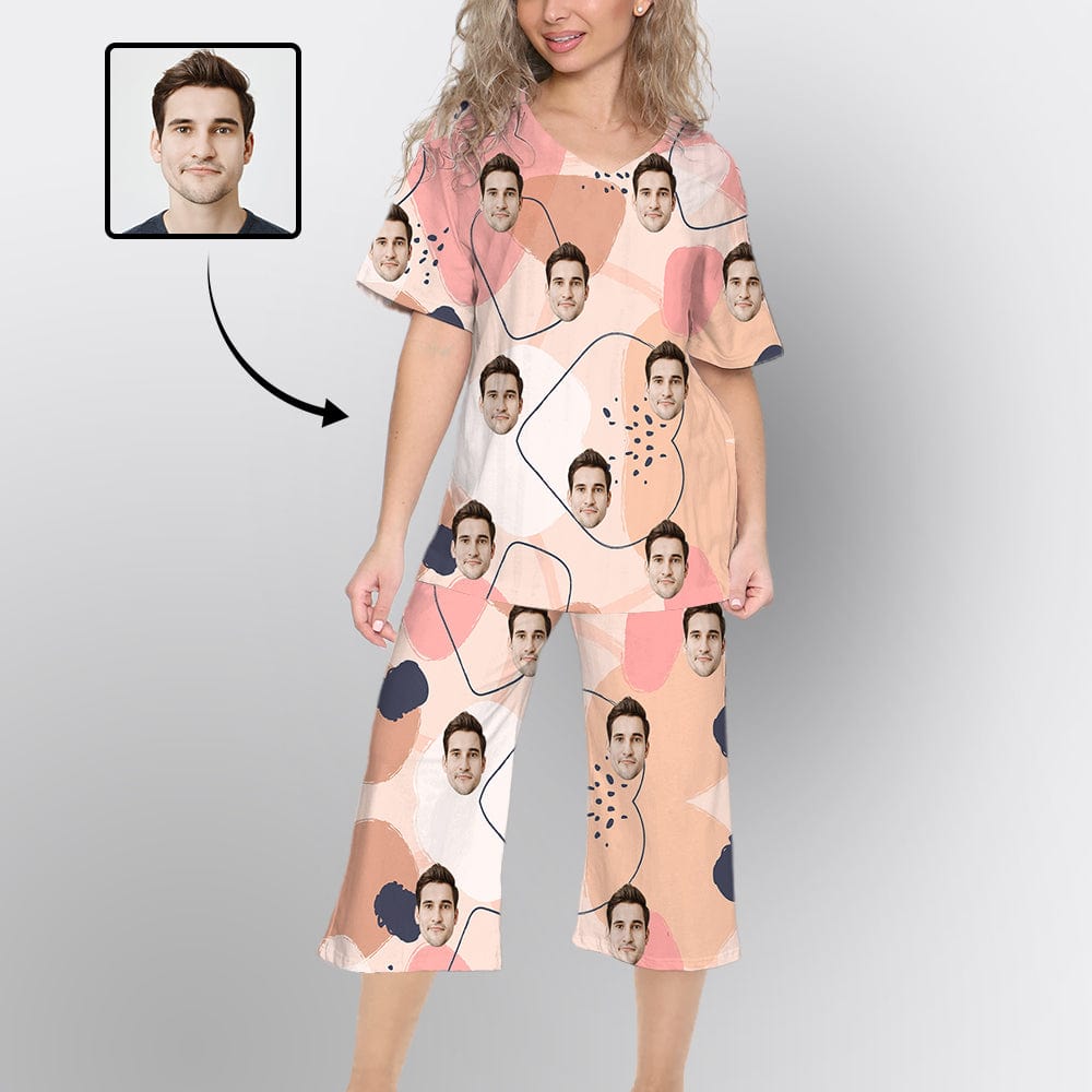 FacePajamas Womens Short Crew Neck-SDS V Neck / M Custom Face Pink Watercolor Pajama Sets Short Sleeve Knee Length Pants Personalized Women's Short Sleeve Loungewear