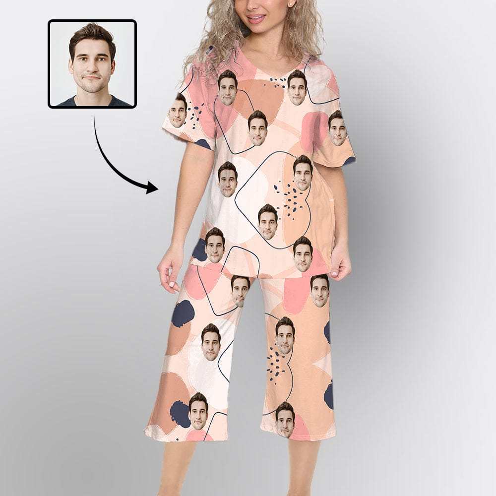 FacePajamas Womens Short Crew Neck-SDS V Neck / M Custom Face Pink Watercolor Pajama Sets Short Sleeve Knee Length Pants Personalized Women's Short Sleeve Loungewear