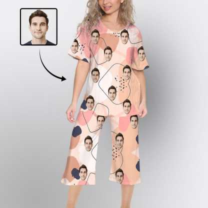 FacePajamas Womens Short Crew Neck-SDS V Neck / M Custom Face Pink Watercolor Pajama Sets Short Sleeve Knee Length Pants Personalized Women's Short Sleeve Loungewear