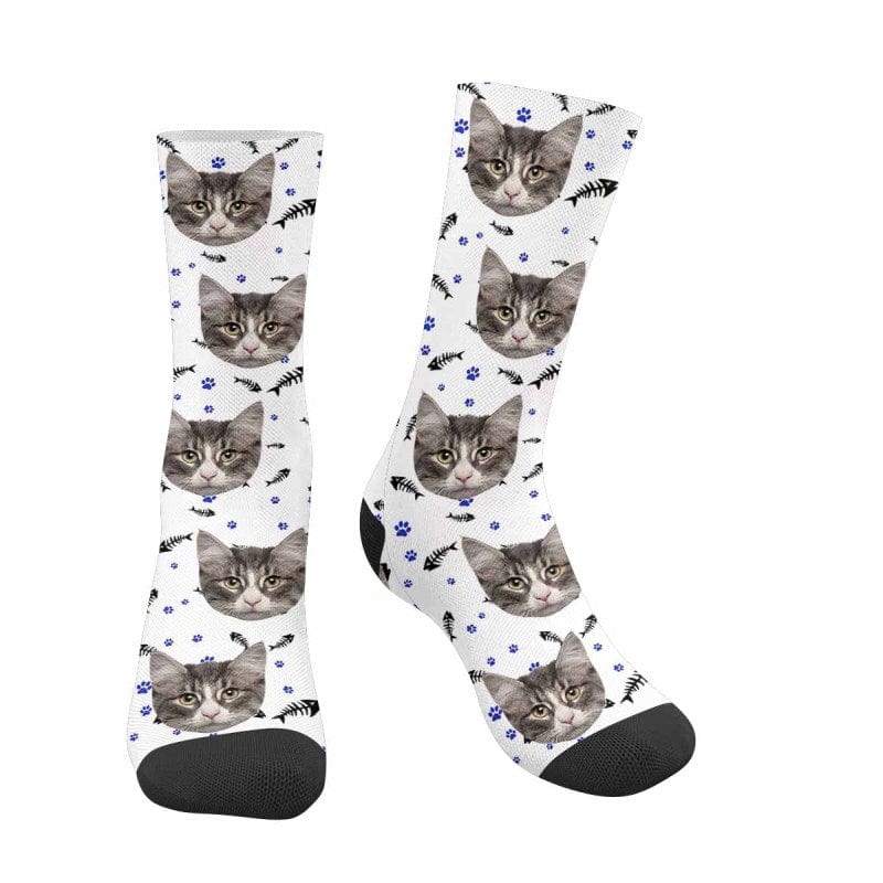 FacePajamas Sublimated Crew Socks White Custom Pet Sublimated Crew Socks Personalized Cat Face Novelty Socks Printed Photo Pet Socks Design Your Photo on Socks for Pet Lover