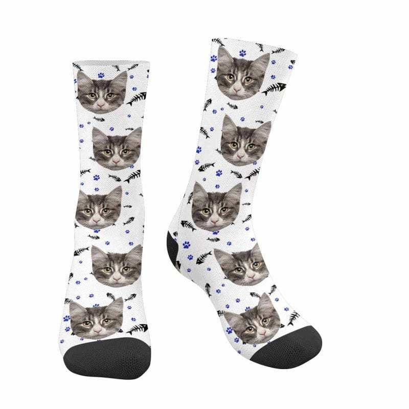 FacePajamas Sublimated Crew Socks White Custom Pet Sublimated Crew Socks Personalized Cat Face Novelty Socks Printed Photo Pet Socks Design Your Photo on Socks for Pet Lover