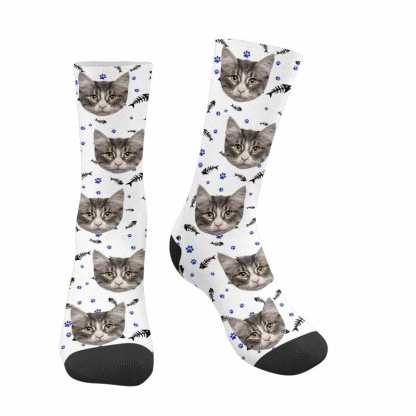 FacePajamas Sublimated Crew Socks White Custom Pet Sublimated Crew Socks Personalized Cat Face Novelty Socks Printed Photo Pet Socks Design Your Photo on Socks for Pet Lover