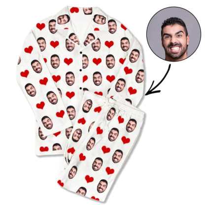 FacePajamas Pajama White / S Soft Long Sleeve Pajamas for Men-Custom Face Red Heart Pajamas Personalized Men's V-Neck Long Sleeve Pajama Set Gift for Him