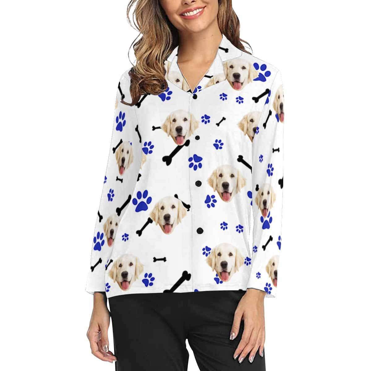 FacePajamas Pajama White Shirt / XS Custom Photo My Pet Dog Sleepwear Personalized Women's Slumber Party Long Pajama Shirt&Pants