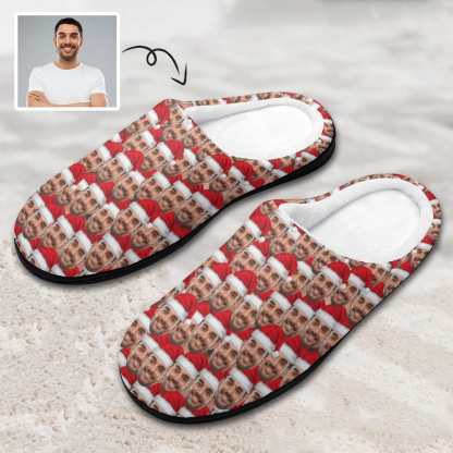 FacePajamas Slippers-2YX-SDS WOMEN / 7-8(38-39) Custom Face Seamless Christmas Hat Men's All Over Print Cotton Slippers