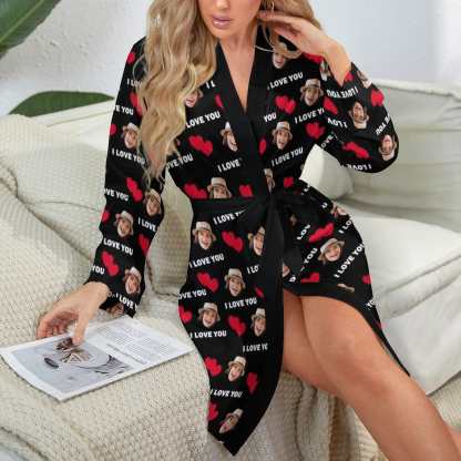 FacePajamas Mix Pajama-2ML-SDS Women's Bath Robe / S 2 Pcs Face Print Pajamas-Custom Face Red Heart I Love You Sleepwear Personalized Women's Bath Robe &Women's Nightgown