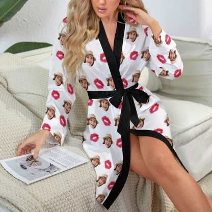 FacePajamas Mix Pajama-2ML-SDS Women's Bath Robe / S 2 Pcs Face Print Pajamas-Custom Face Red Lips Sleepwear Personalized Women's Bath Robe &Women's Nightgown