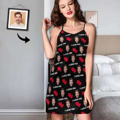FacePajamas Pajama-2ML-SDS S Custom Face Husband Red Heart Black Background Nightgown for Women Loose Sleepwear V Neck Pajama Dress Soft Nightshirt Sleeveless Nightdress Chemise