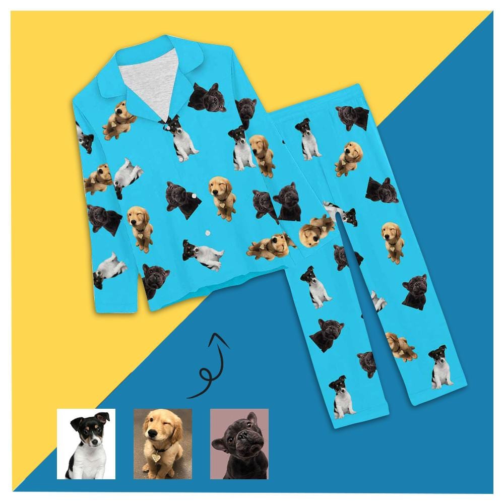 FacePajamas Pajama XS / Blue Custom Pet Dog Photos Solid Color Sleepwear Personalized Women's Slumber Party Long Pajama Set