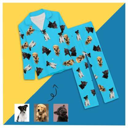 FacePajamas Pajama XS / Blue Custom Pet Dog Photos Solid Color Sleepwear Personalized Women's Slumber Party Long Pajama Set
