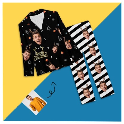 FacePajamas Pajama XS Custom Boyfriend Face Elk Antlers Christmas Sleepwear Personalized Women's Slumber Party Long Pajama Set
