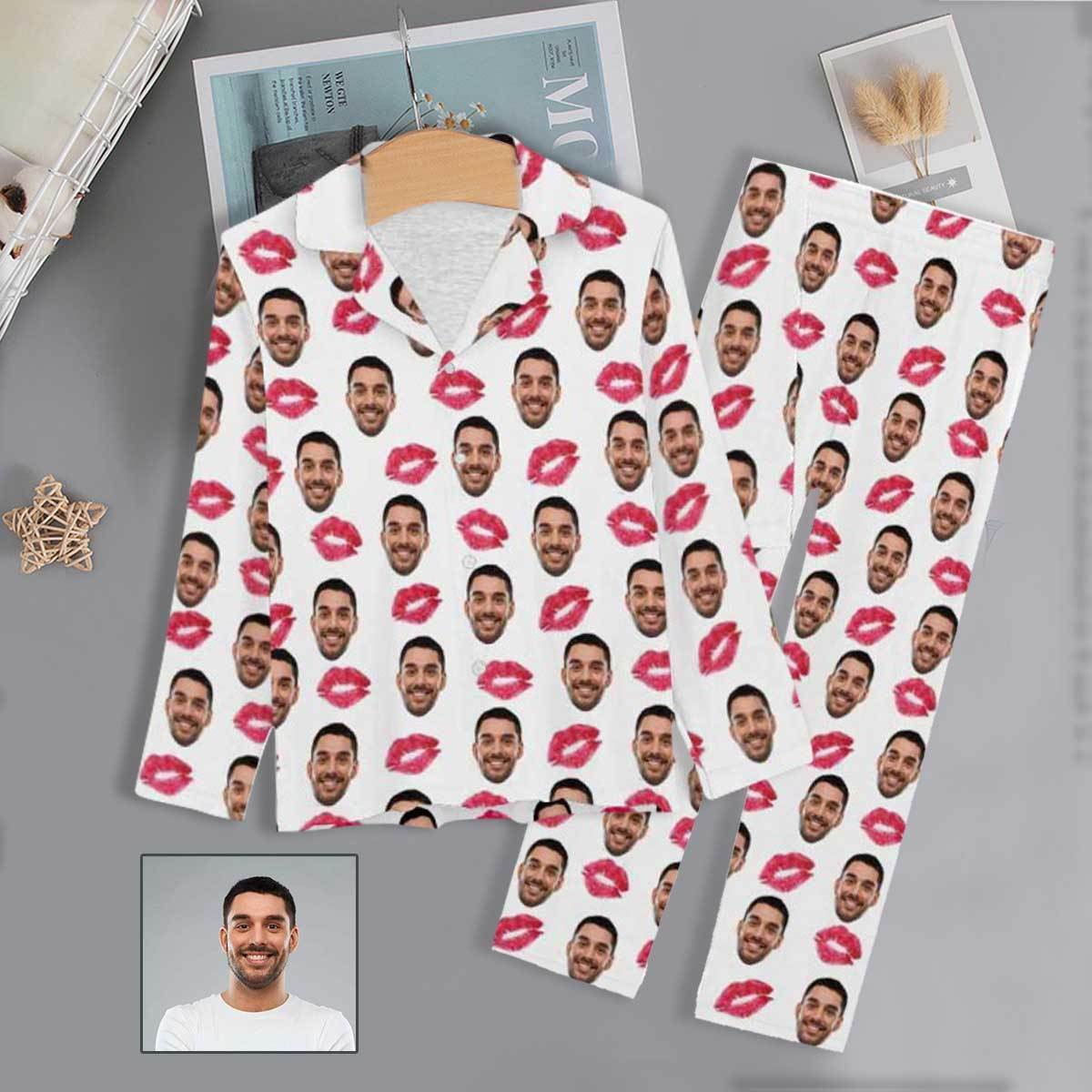FacePajamas Pajama XS Custom Boyfriend Face Pajamas Red Lips Sleepwear Personalized Women's Long Pajama Set