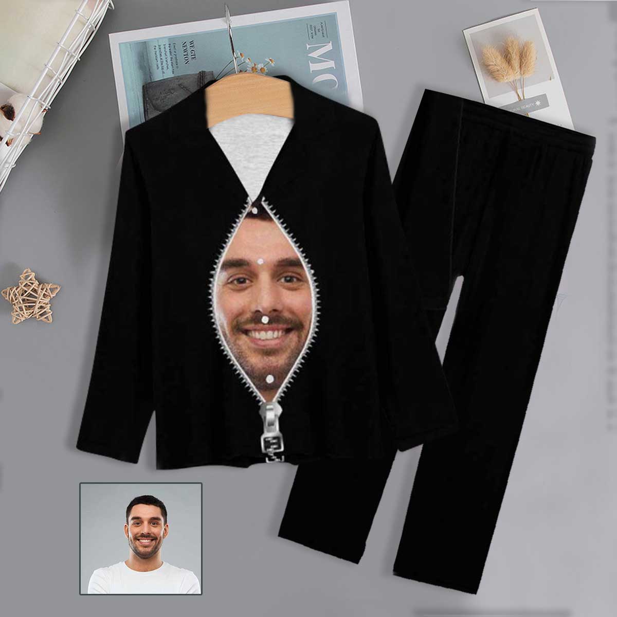 FacePajamas Pajama XS Custom Boyfriend Face Pajamas Zipper Black Background Sleepwear Personalized Women's Slumber Party Long Pajama Set