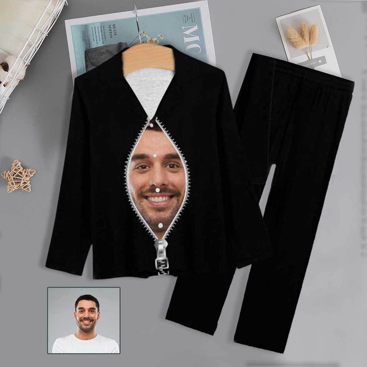 FacePajamas Pajama XS Custom Boyfriend Face Pajamas Zipper Black Background Sleepwear Personalized Women's Slumber Party Long Pajama Set