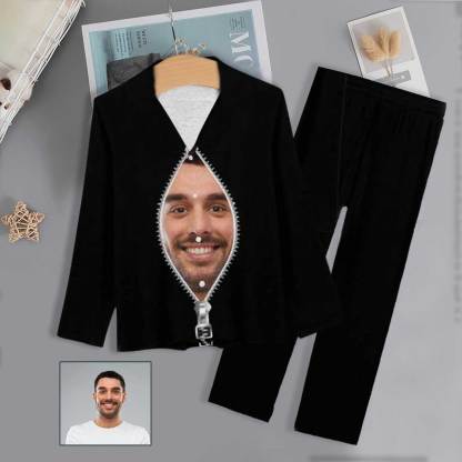 FacePajamas Pajama XS Custom Boyfriend Face Pajamas Zipper Black Background Sleepwear Personalized Women's Slumber Party Long Pajama Set
