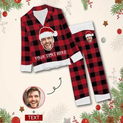 FacePajamas Pajama XS Custom Boyfriend Face&Text Pajamas Christmas Grid Sleepwear Personalized Women's Long Pajama Set