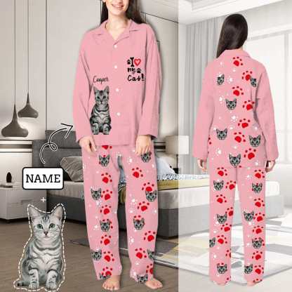 FacePajamas Pajama XS Custom Cat Photo & Name Pajamas Sleepwear Pink Personalized Women's Slumber Party Long Pajama Set
