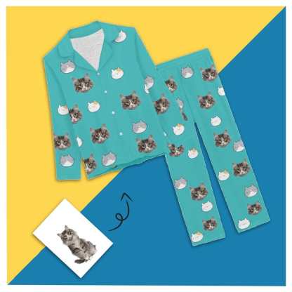 FacePajamas Pajama XS Custom Face Cartoon Pet Cat Sleepwear Personalized Women's Slumber Party Long Pajama Set