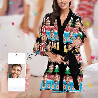 FacePajamas Pajama XS Custom Face Christmas Tree Beer Women's Short Pajamas Funny Personalized Photo Pajamas Kimono Robe
