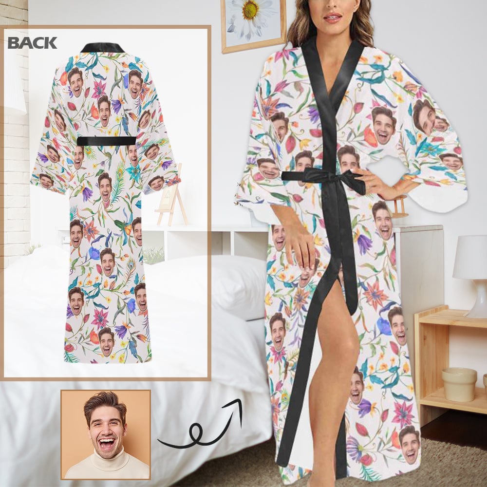 FacePajamas XS Custom Face Colorful Flower Women's Long Pajamas Personalized Photo Long Pajamas Kimono Robe