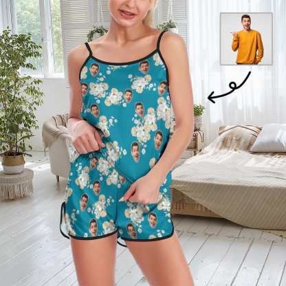 FacePajamas Pajama XS Custom Face Pajamas Blue floral Print Comfy Soft Sleepwear Personalized Women's Sexy Cami Pajama Set