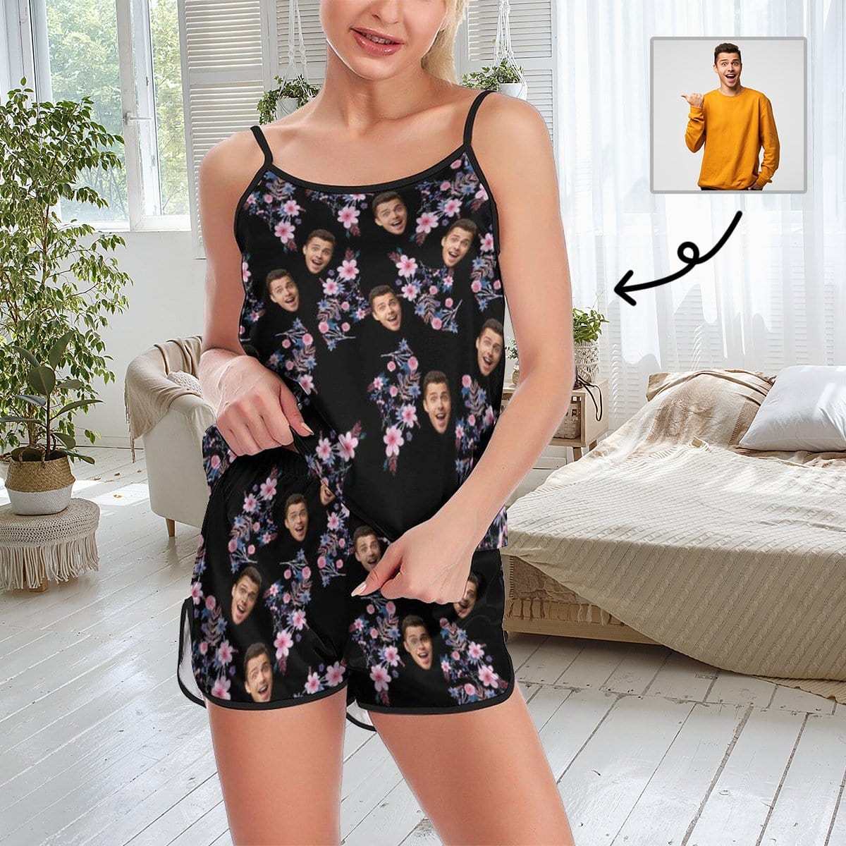FacePajamas Pajama XS Custom Face Pajamas Purple floral Print Comfy Soft Sleepwear Personalized Women's Sexy Cami Pajama Set