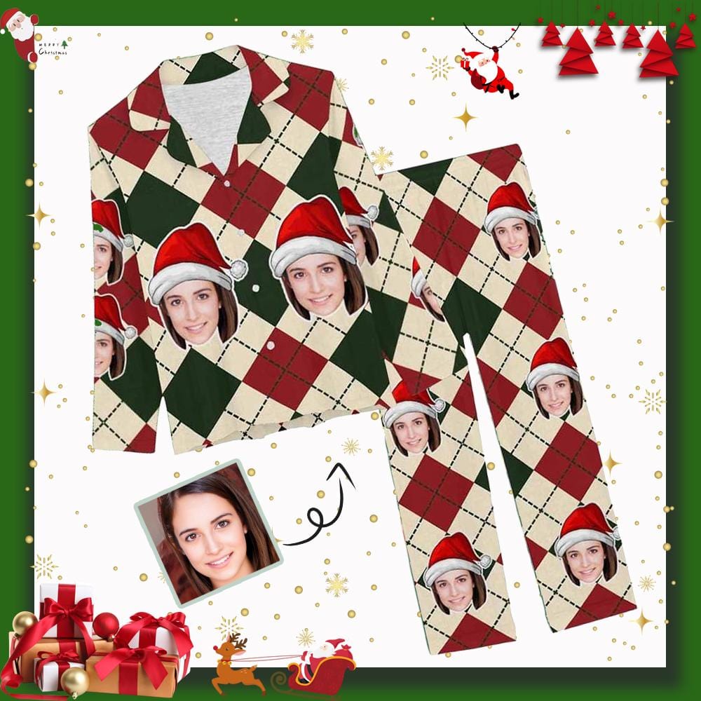 FacePajamas Pajama XS Custom Face Pajamas Red&Green Argyle Sleepwear Personalized Women's Slumber Party Long Pajama Set