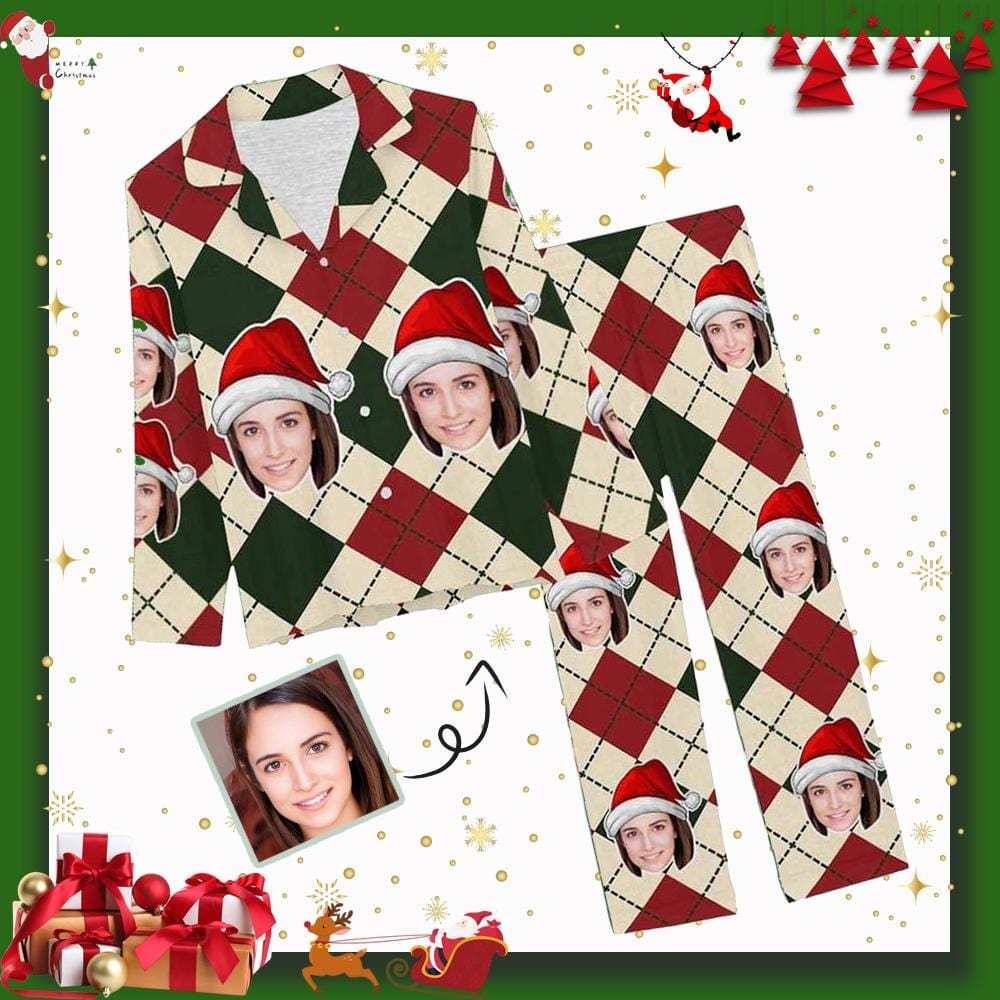 FacePajamas Pajama XS Custom Face Pajamas Red&Green Argyle Sleepwear Personalized Women's Slumber Party Long Pajama Set