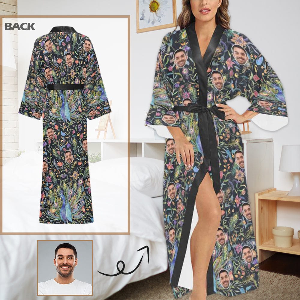 FacePajamas Pajama Robe XS Custom Face Peacock Women's Long Pajamas Personalized Photo Long Pajamas Kimono Robe